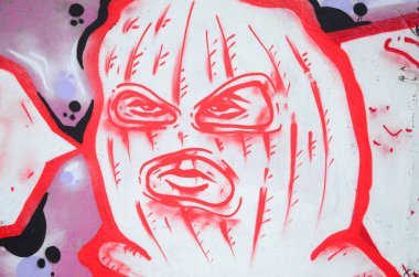 Konturlar ve gölgeleme yakın ile renkli sokak sanatı grafiti resimlerinin parçası. Gençlik çağdaş sanat kültürünün arka plan dokusu. Balaclava karakterin yüzü