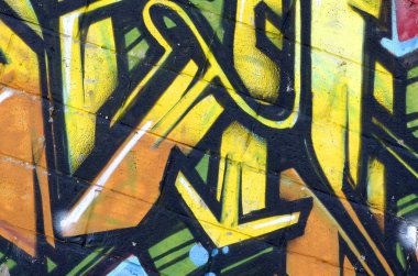 Konturlar ve gölgeleme yakın ile renkli sokak sanatı grafiti resimlerinin parçası. Gençlik çağdaş sanat kültürünün arka plan dokusu. Sarı turuncu ve kahverengi renkler