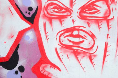 Konturlar ve gölgeleme yakın ile renkli sokak sanatı grafiti resimlerinin parçası. Gençlik çağdaş sanat kültürünün arka plan dokusu. Balaclava karakterin yüzü