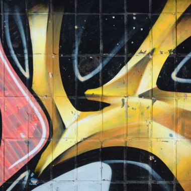 Konturlar ve gölgeleme yakın ile renkli sokak sanatı grafiti resimlerinin parçası. Gençlik çağdaş sanat kültürünün arka plan dokusu. Sarı turuncu ve kahverengi renkler
