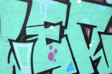 Konturlar ve gölgeleme yakın ile renkli sokak sanatı grafiti resimlerinin parçası. Gençlik çağdaş sanat kültürünün arka plan dokusu. Turkuaz yeşil renkler