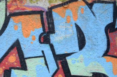 Konturlar ve gölgeleme yakın ile renkli sokak sanatı grafiti resimlerinin parçası. Gençlik çağdaş sanat kültürünün arka plan dokusu. Mavi turuncu ve siyah renkler