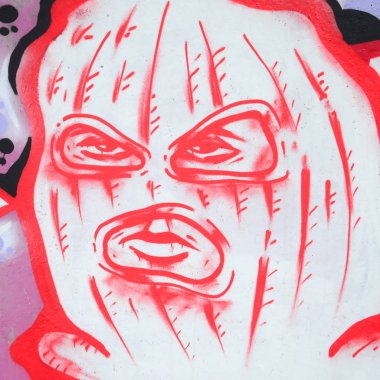 Konturlar ve gölgeleme yakın ile renkli sokak sanatı grafiti resimlerinin parçası. Gençlik çağdaş sanat kültürünün arka plan dokusu. Balaclava karakterin yüzü