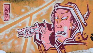 Konturlar ve gölgeleme yakın ile renkli sokak sanatı grafiti resimlerinin parçası. Gençlik çağdaş sanat kültürünün arka plan dokusu. Turuncu, kırmızı ve siyah renkler