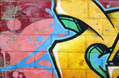 Konturlar ve gölgeleme yakın ile renkli sokak sanatı grafiti resimlerinin parçası. Gençlik çağdaş sanat kültürünün arka plan dokusu. Sarı turuncu ve kahverengi renkler