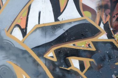 Konturlar ve gölgeleme yakın ile renkli sokak sanatı grafiti resimlerinin parçası. Gençlik çağdaş sanat kültürünün arka plan dokusu. Gri ve turuncu renkler
