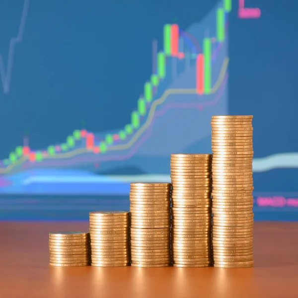 Golden coin stacks arranged as a graph. Increasing columns of coins