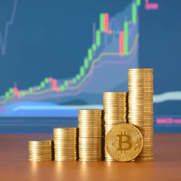 Bitcoin dijital para ve sikke para yığınları closeup