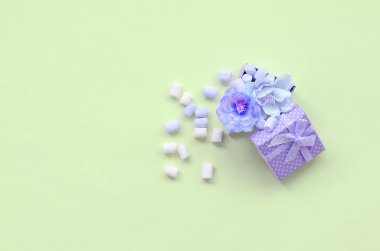 Kireç arka plan üzerinde marshmallow serpilir Çiçekli menekşe hediye kutusu