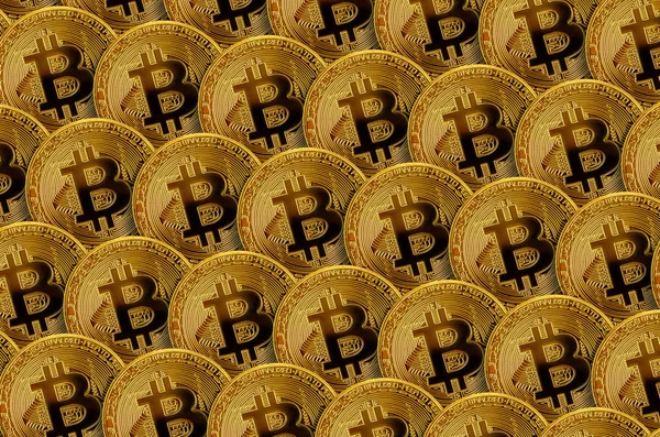 Pattern of many golden bitcoins. Cryptocurrency mining concept — Stock Photo, Image