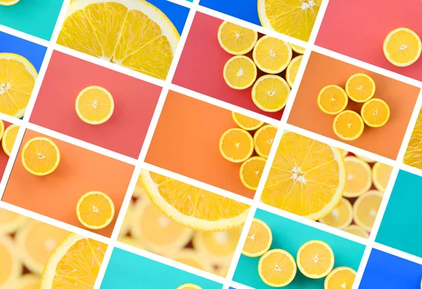 拼贴许多图片与多汁的橙子。带有水果和不同颜色的图像集 — 图库照片