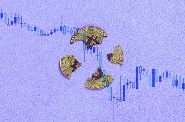 Broken bitcoin on a falling digital chart of the cryptocurrency rate clipart