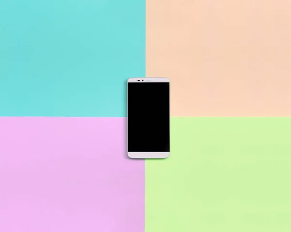 Modern smartphone with black screen on texture background of fashion pastel pink, blue, coral and lime colors