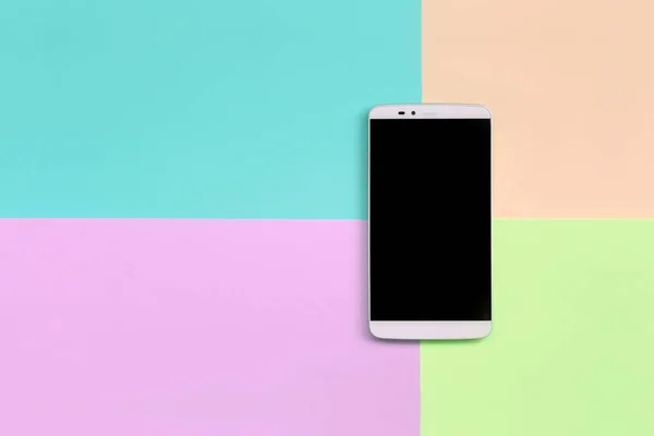 Modern smartphone with black screen on texture background of fashion pastel pink, blue, coral and lime colors