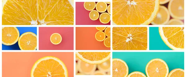 Eine Collage aus vielen Bildern mit saftigen Orangen. Bilder mit Früchten und verschiedenen Farben — Stockfoto