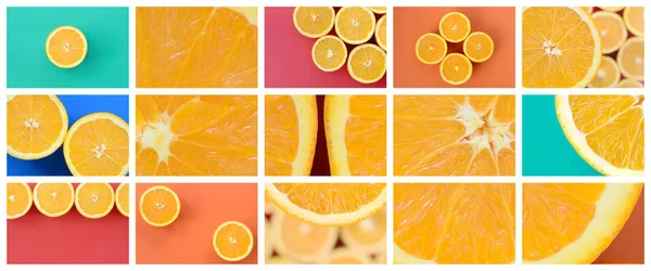 A collage of many pictures with juicy oranges. Set of images with fruits and different colors — Stock Photo, Image