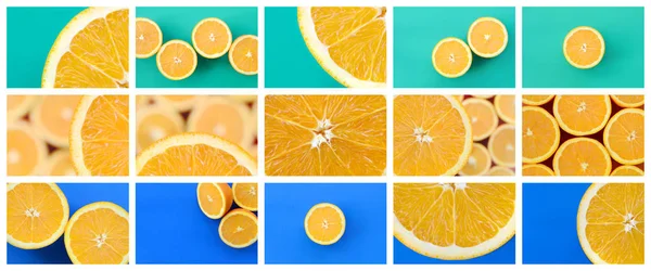 Uma colagem de muitas fotos com laranjas suculentas. Conjunto de imagens com frutas e cores diferentes — Fotografia de Stock