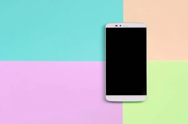 Modern smartphone with black screen on texture background of fashion pastel pink, blue, coral and lime colors