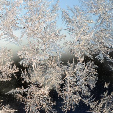 Pencere cam bölmesi üzerinde Kar taneleri don rime makro