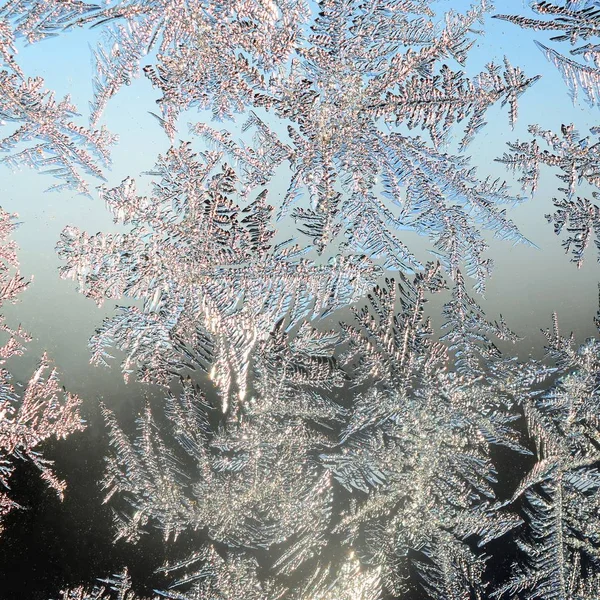 Fulgi de zăpadă îngheț rime macro pe panoul de sticlă fereastră — Fotografie, imagine de stoc