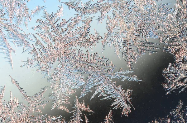 Sneeuwvlokken Frost Rime macro op venster glas ruit — Stockfoto