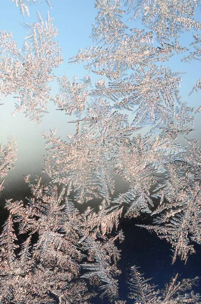 Flocos de neve geada rime macro no painel de vidro da janela — Fotografia de Stock