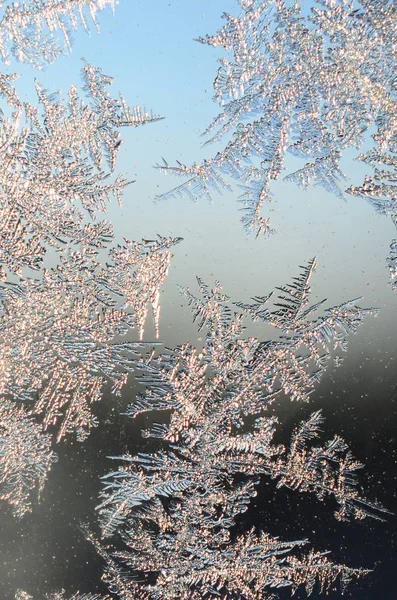 Flocos de neve geada rime macro no painel de vidro da janela — Fotografia de Stock