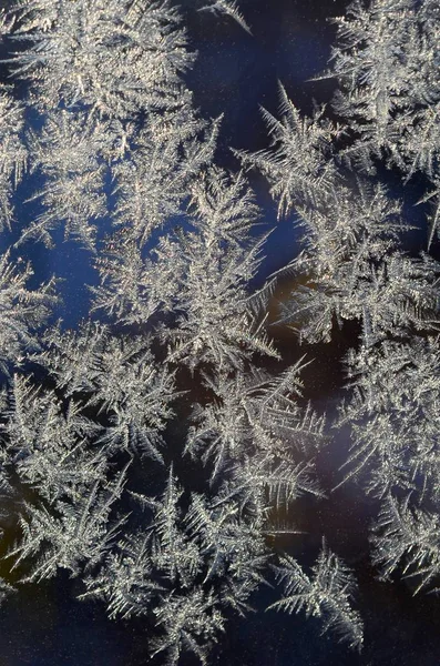 Schneeflocken Frostrime Makro auf Fensterscheibe — Stockfoto