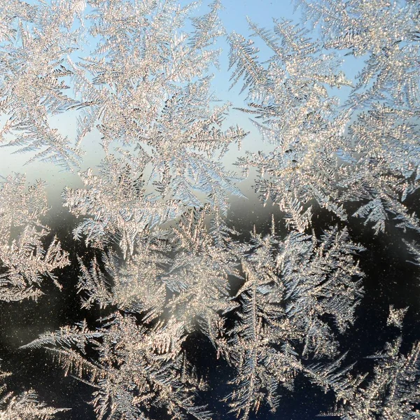 Νιφάδες χιονιού πάγου Rime σε γυάλινο παράθυρο παραθύρου — Φωτογραφία Αρχείου