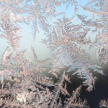 Pencere cam bölmesi üzerinde Kar taneleri don rime makro