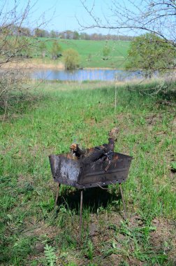 Odun açık orman alanında ızgara içinde yanıklar