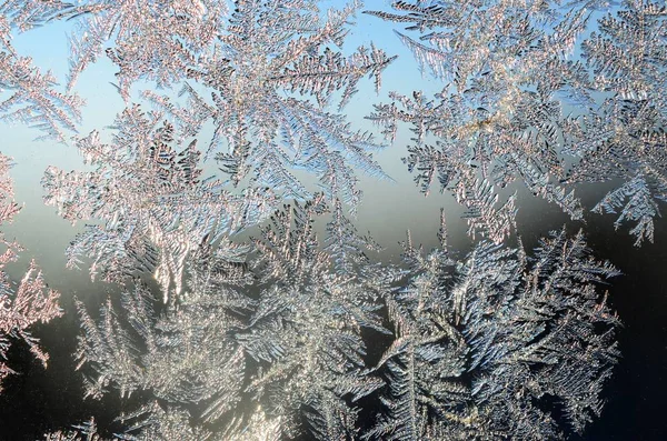 Snowflakes frost rime macro on window glass pane — Stock Photo, Image