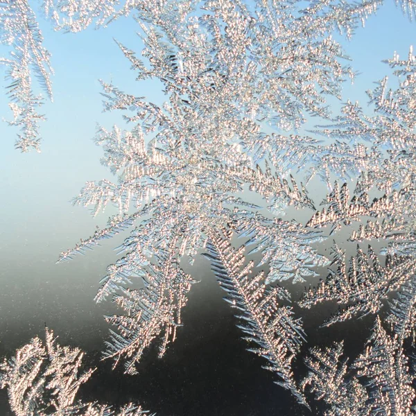 Fiocchi di neve gelo rime macro sul vetro della finestra — Foto Stock