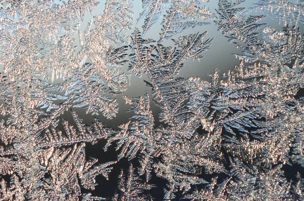 Fulgi de zăpadă îngheț rime macro pe panoul de sticlă fereastră — Fotografie, imagine de stoc