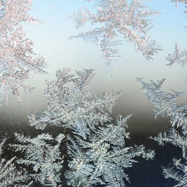 Flocos de neve geada rime macro no painel de vidro da janela — Fotografia de Stock