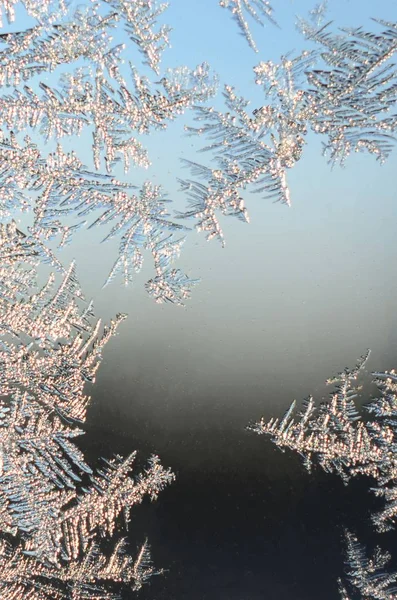 Copos de nieve escarcha rime macro en el cristal de la ventana — Foto de Stock