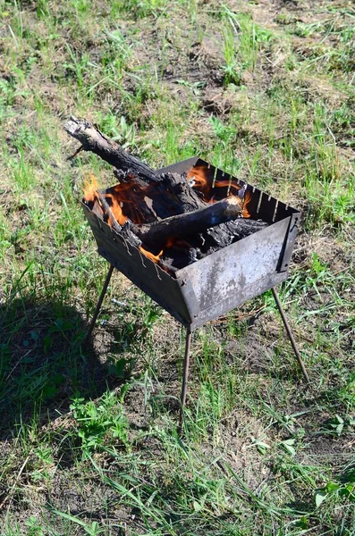 Дрова горят внутри гриля в лесном поле на открытом воздухе — стоковое фото