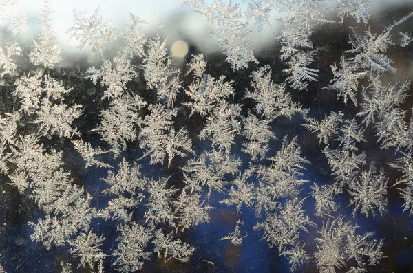 Płatki śniegu Frost Rime makro na okienne szyby — Zdjęcie stockowe