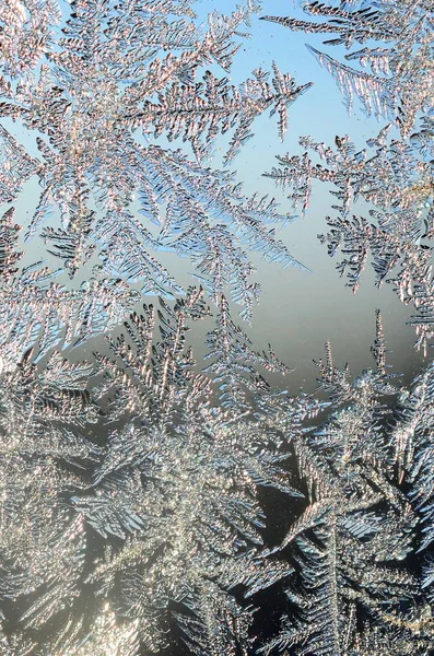 Макрос сніжинки мороз на скляній панелі вікна — стокове фото