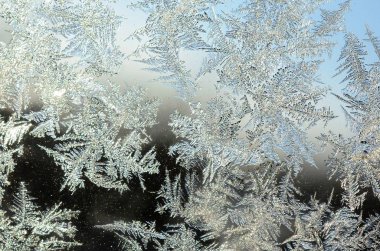 Pencere cam bölmesi üzerinde Kar taneleri don rime makro