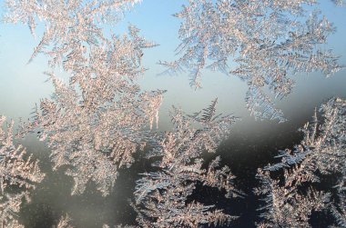 Pencere cam bölmesi üzerinde Kar taneleri don rime makro