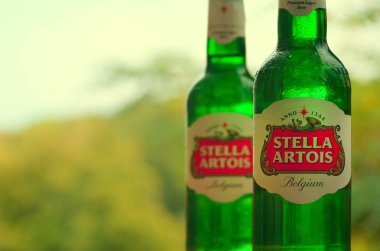 Bulanık yeşil ağaçlarda Stella Artois birası şişeleri