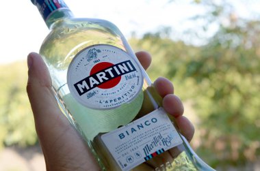 Bir şişe Vermouth Martini Rossi, erkek eli yeşil ağaçların üzerinde.