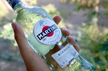 Bir şişe Vermouth Martini Rossi, erkek eli yeşil ağaçların üzerinde.