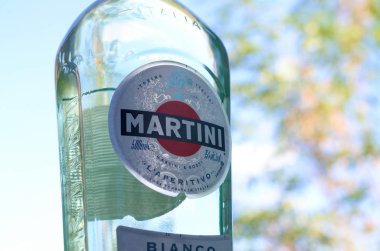 Bir şişe Vermouth Martini Rossi. Yeşil ağaçların arkasındaki logoyu kapat.