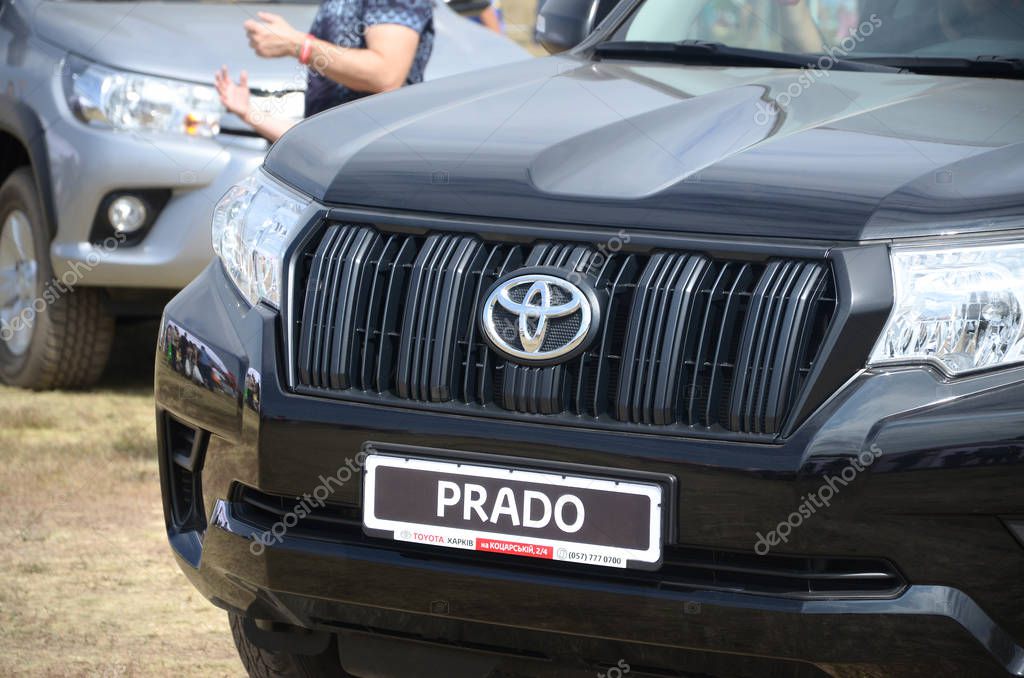 KHARKOV, UKRAINE - AUGUST 31, 2019: Toyota Prado logo close up. Toyota Motor Corporation is Japanese multinational automotive manufacturer headquartered in Toyota, Aichi