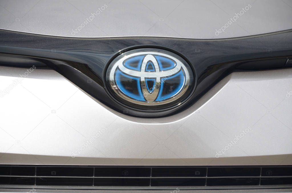 KHARKOV, UKRAINE - AUGUST 31, 2019: Toyota logo close up. Toyota Motor Corporation is Japanese multinational automotive manufacturer headquartered in Toyota, Aichi