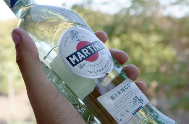 Bir şişe Vermouth Martini Rossi, erkek eli yeşil ağaçların üzerinde.