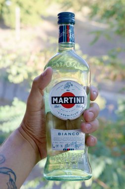 Bir şişe Vermouth Martini Rossi, erkek eli yeşil ağaçların üzerinde.