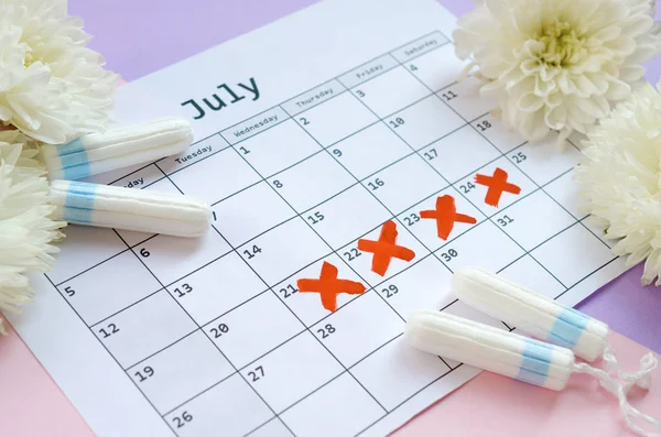 Tampões menstruais no calendário do período menstrual com flores brancas em fundo lilás e rosa — Fotografia de Stock